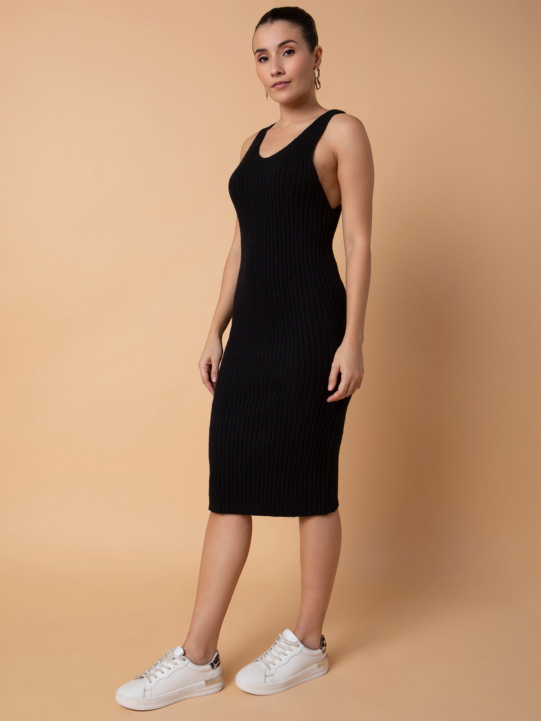 Women's Solid Black Bodycon Dress with Top