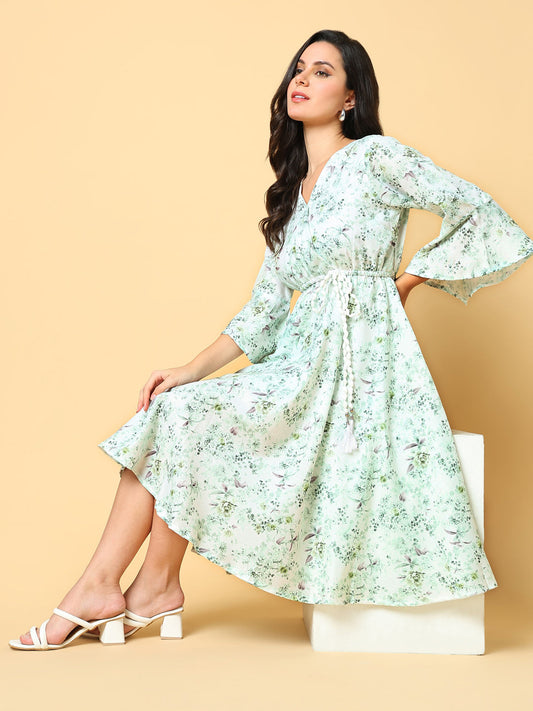 Women's Green Floral Print Bell Sleeve Fit & Flare Dress