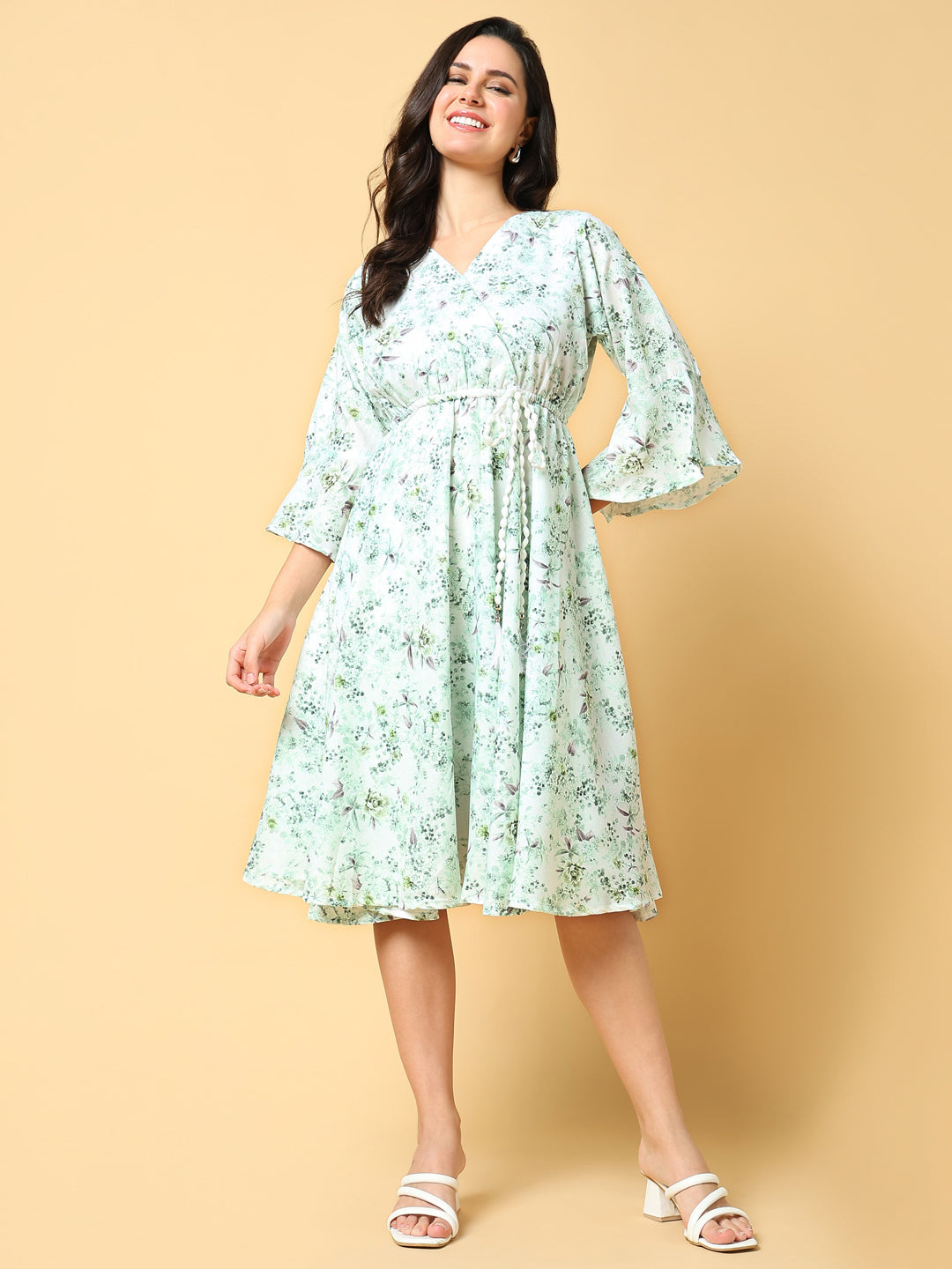 Women's Green Floral Print Bell Sleeve Fit & Flare Dress