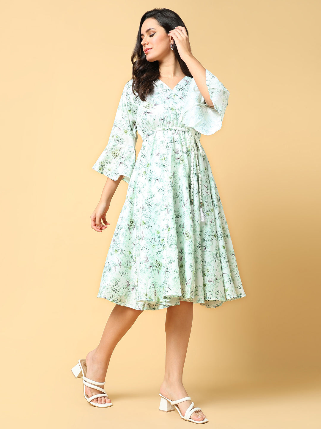 Women's Green Floral Print Bell Sleeve Fit & Flare Dress