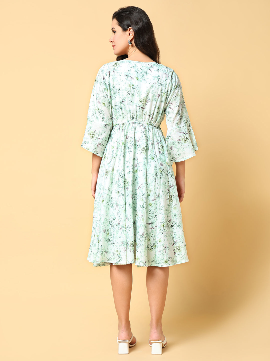 Women's Green Floral Print Bell Sleeve Fit & Flare Dress