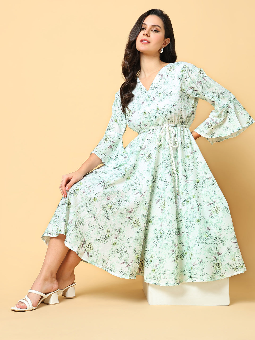 Women's Green Floral Print Bell Sleeve Fit & Flare Dress