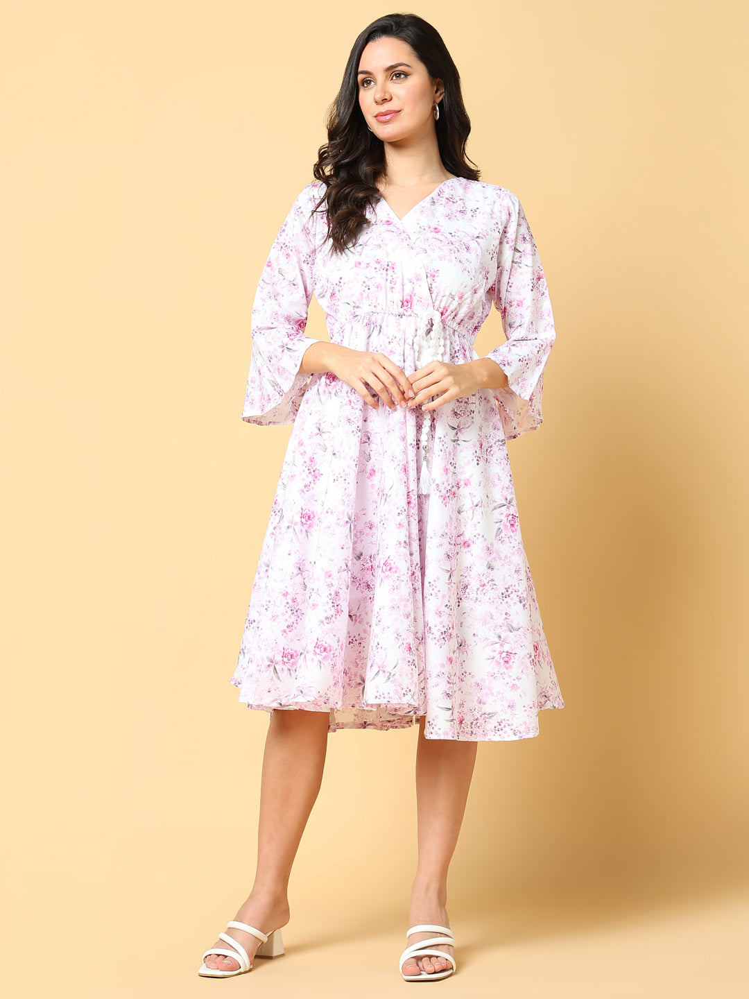 Women's Pink Floral Printed Cotton Bell Sleeve Fit & Flare Knee Length Dress