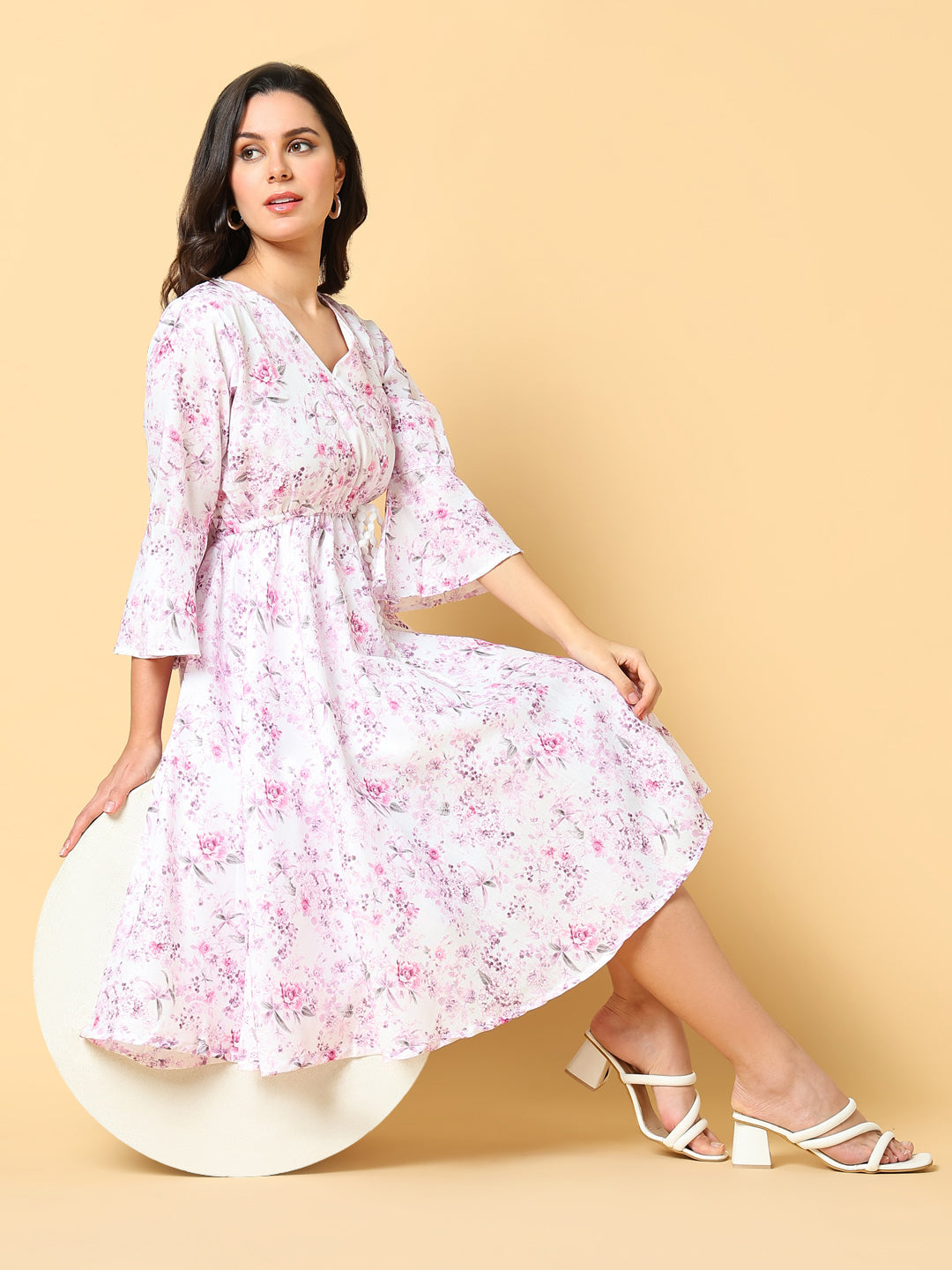 Women's Pink Floral Printed Cotton Bell Sleeve Fit & Flare Knee Length Dress