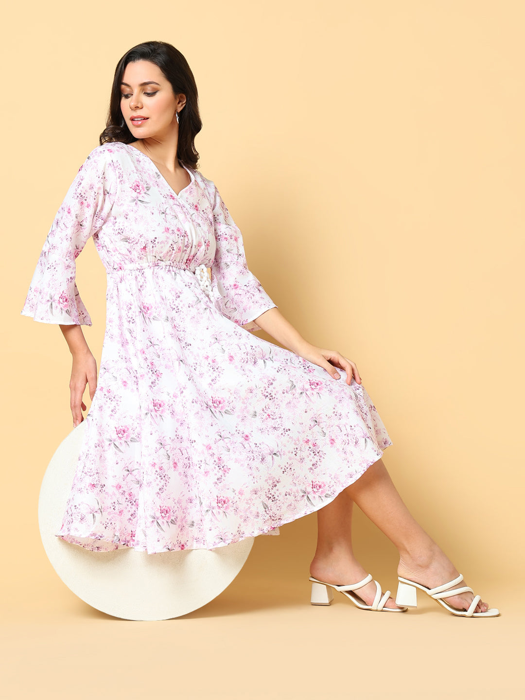 Women's Pink Floral Printed Cotton Bell Sleeve Fit & Flare Knee Length Dress
