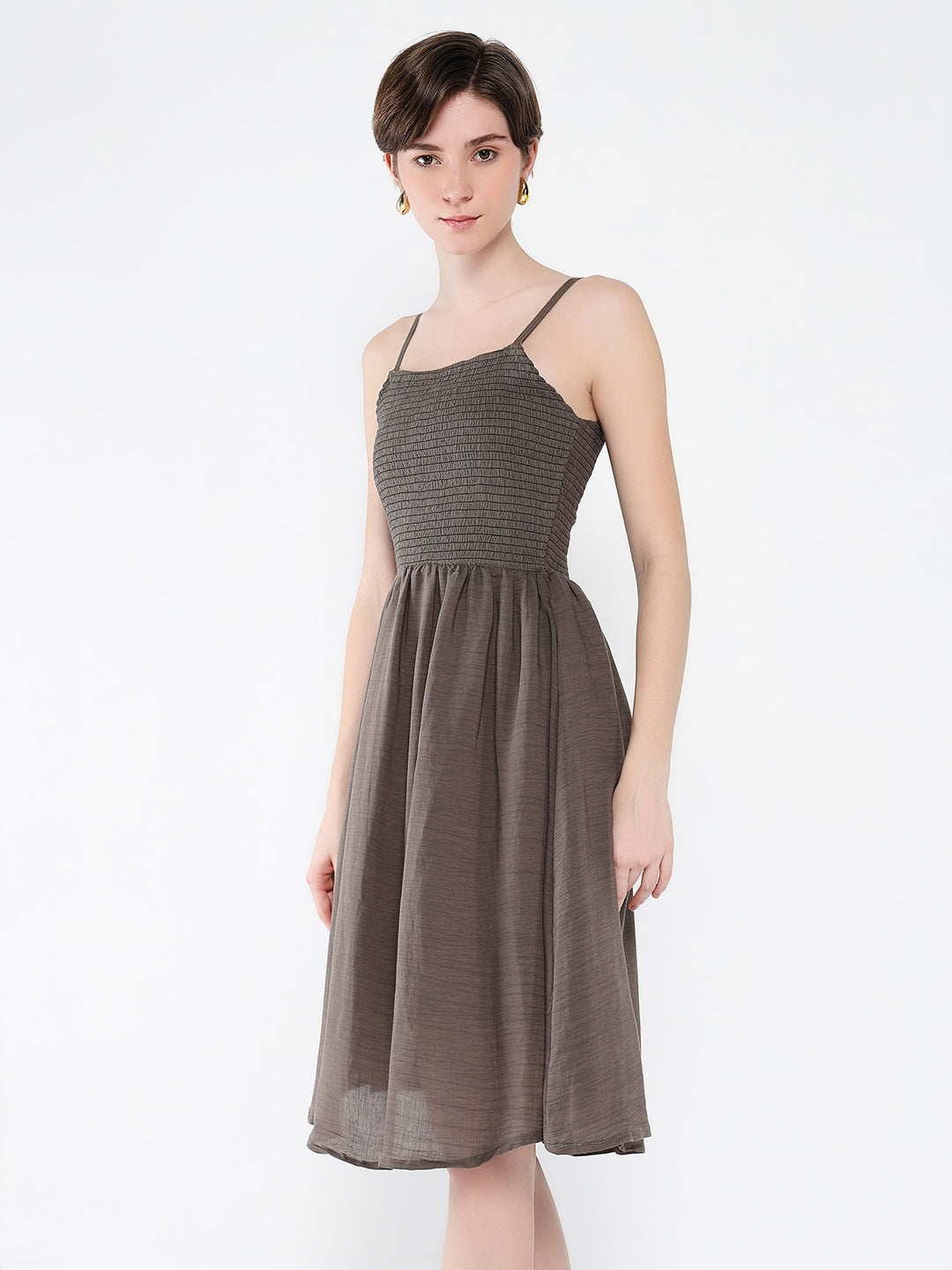 Women's Solid Olive Fit and Flare Dress with Shrug