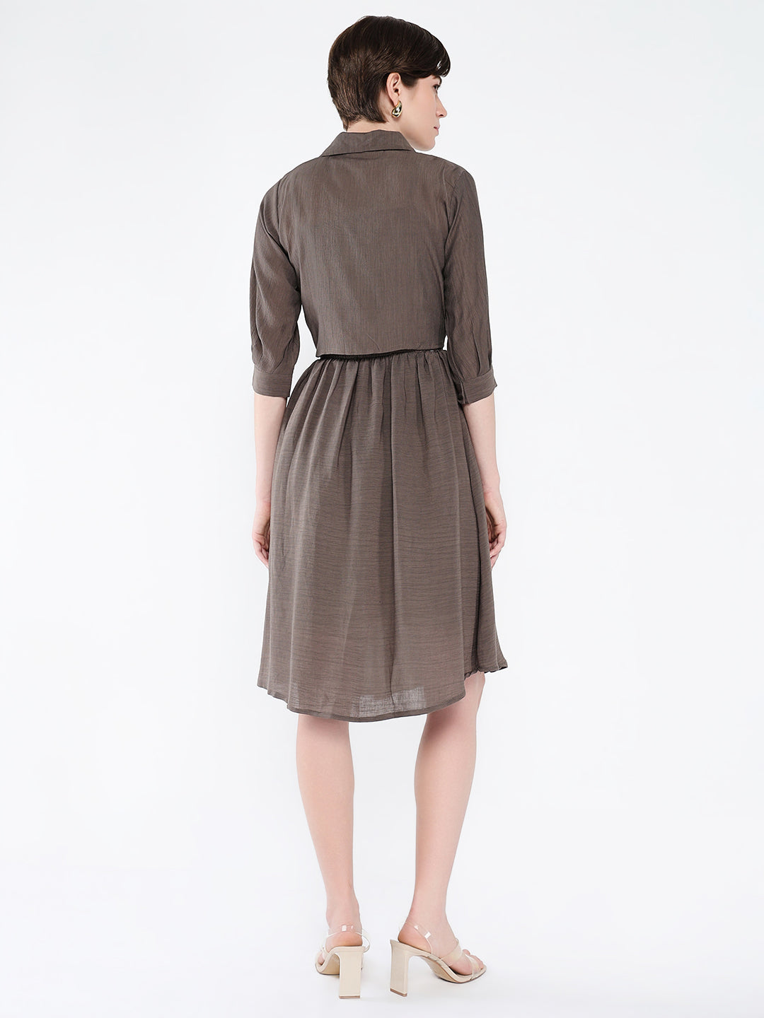 Women's Solid Olive Fit and Flare Dress with Shrug