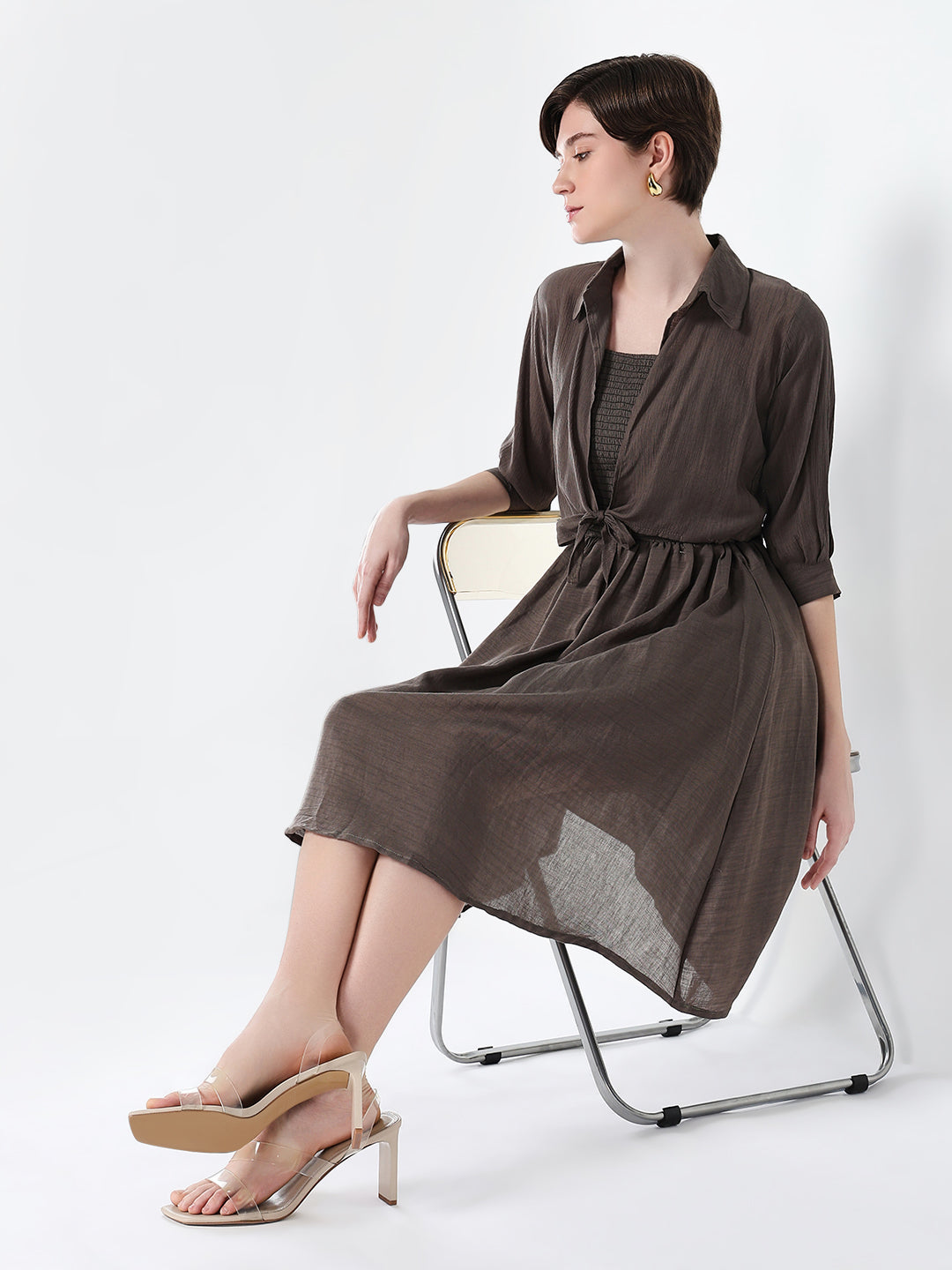 Women's Solid Olive Fit and Flare Dress with Shrug