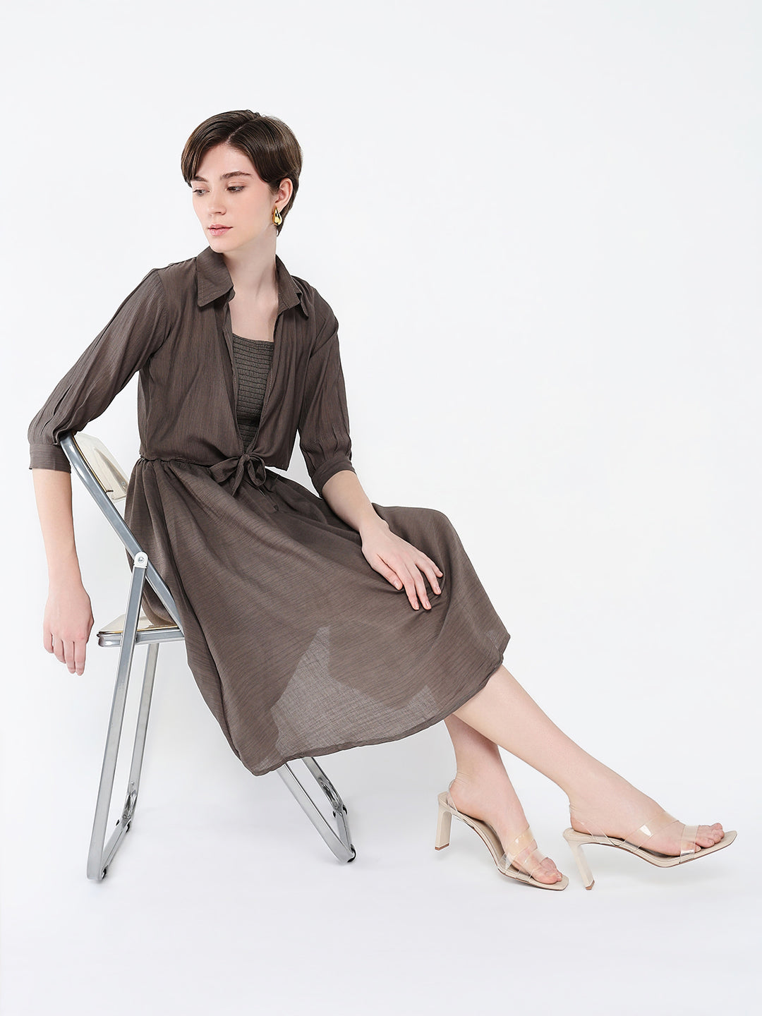 Women's Solid Olive Fit and Flare Dress with Shrug