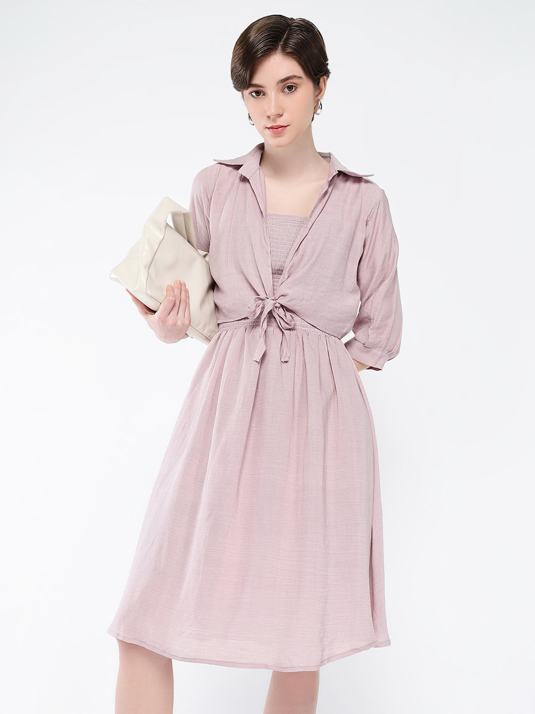 Women's Peach Solid Fit & Flare Cotton Knee Length Dress