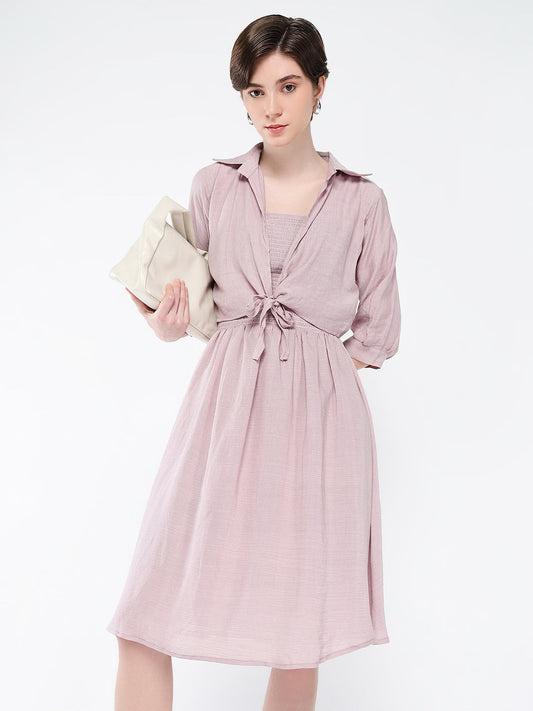 Women's Peach Solid Fit & Flare Cotton Knee Length Dress