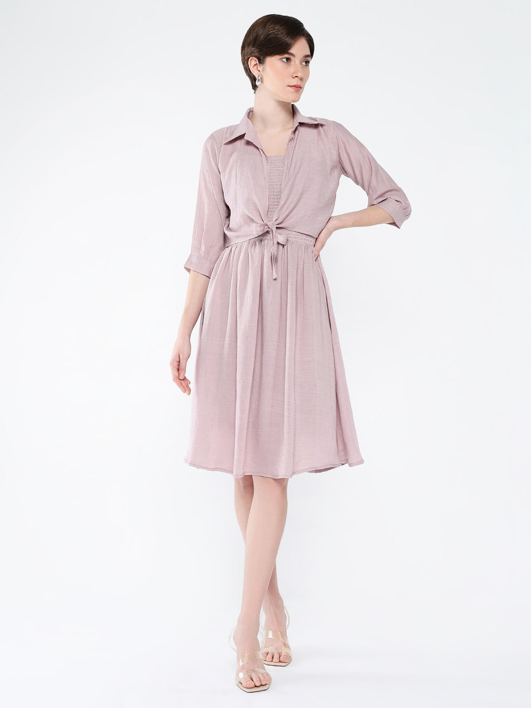 Women's Peach Solid Fit & Flare Cotton Knee Length Dress
