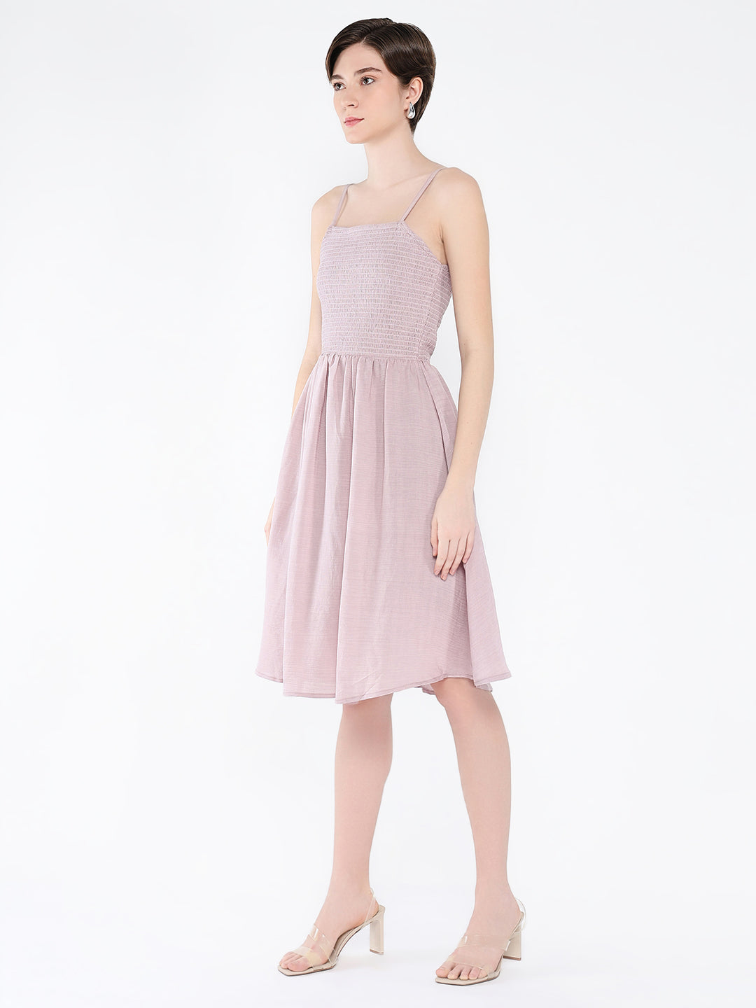 Women's Peach Solid Fit & Flare Cotton Knee Length Dress