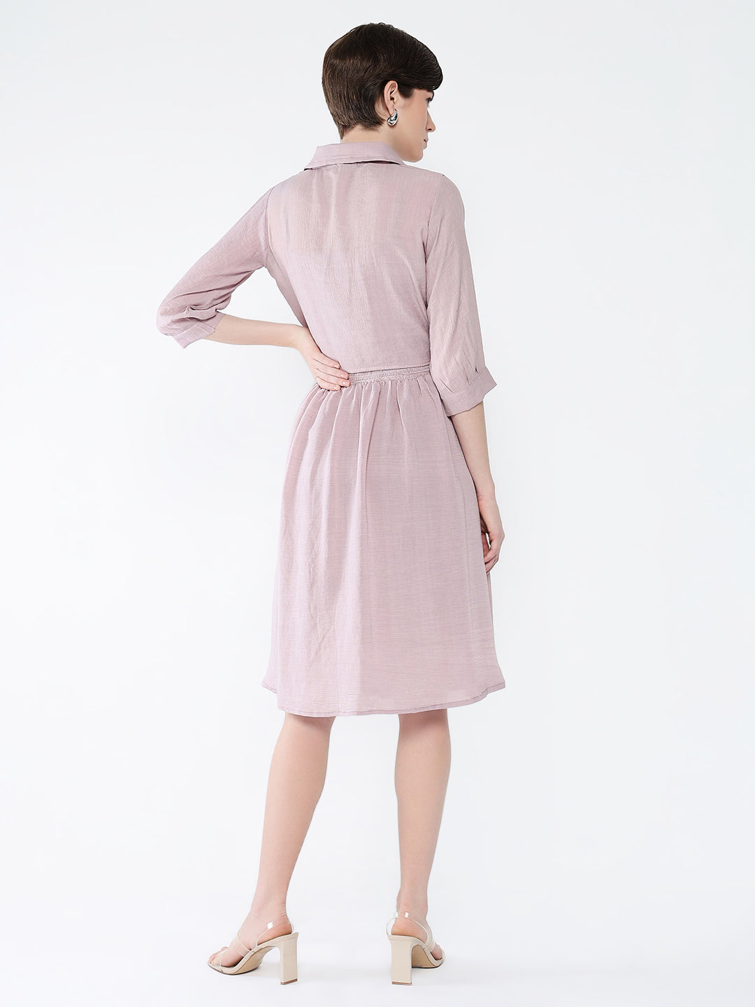 Women's Peach Solid Fit & Flare Cotton Knee Length Dress