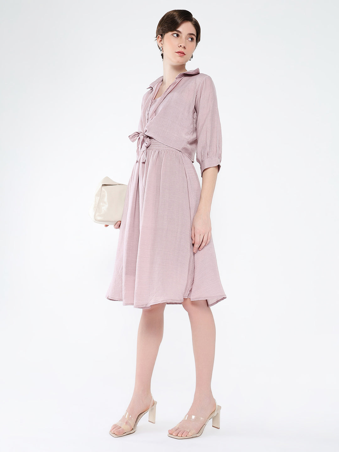 Women's Peach Solid Fit & Flare Cotton Knee Length Dress