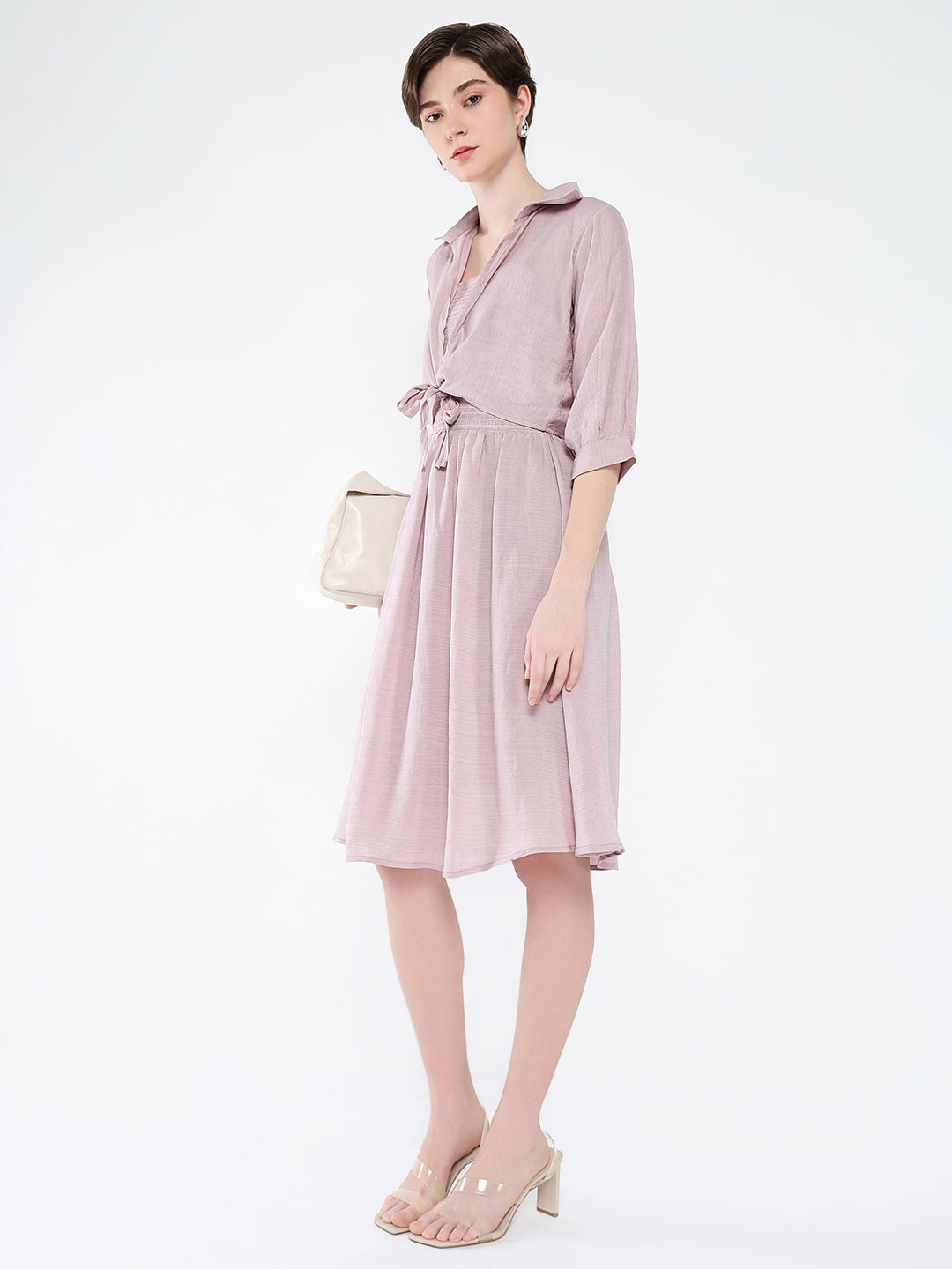 Women's Peach Solid Fit & Flare Cotton Knee Length Dress