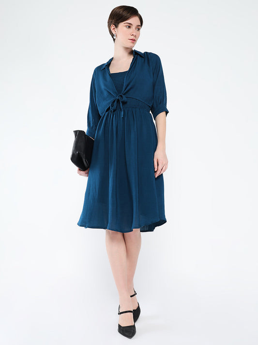 Women's Teal Solid Crepe Fit & Flare Dress