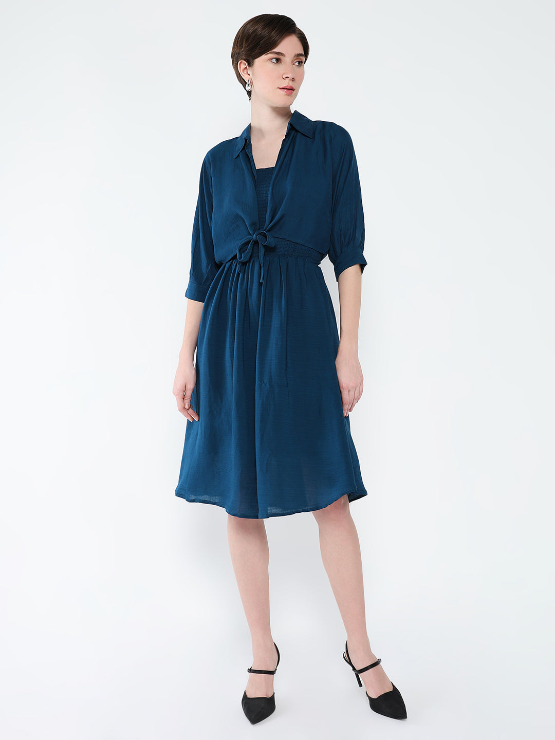 Women's Teal Solid Crepe Fit & Flare Dress