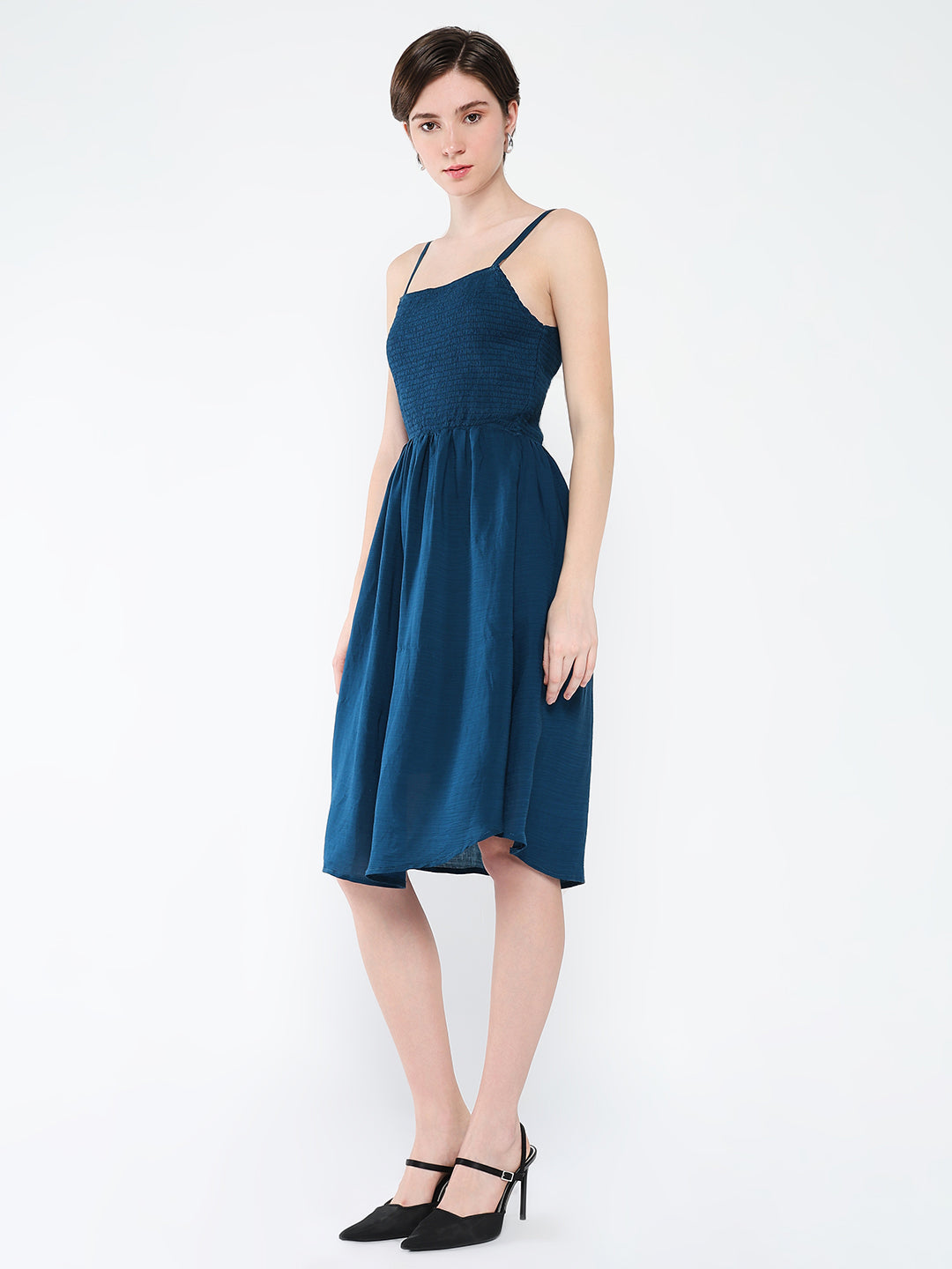 Women's Teal Solid Crepe Fit & Flare Dress