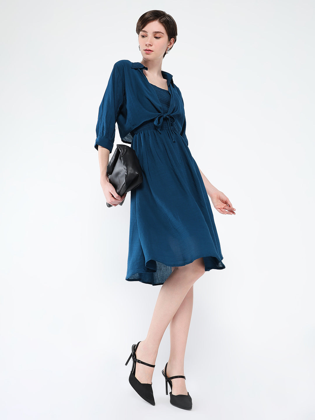 Women's Teal Solid Crepe Fit & Flare Dress