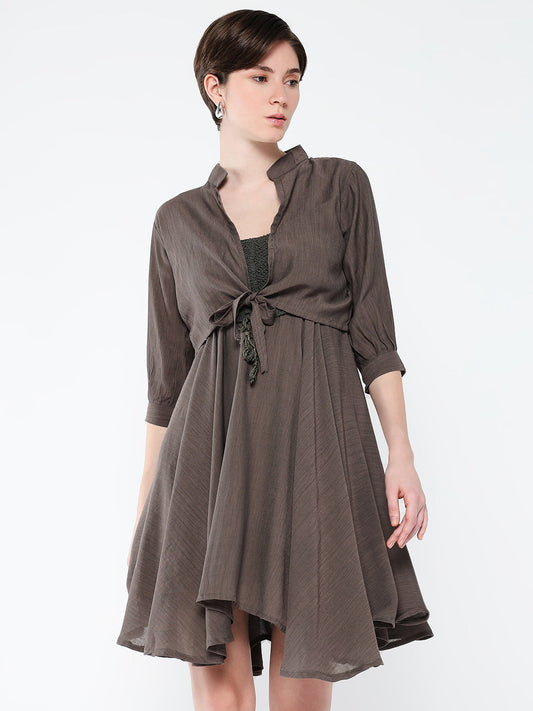 Women's Casual Solid Olive Fit and Flare Dress with Shrug