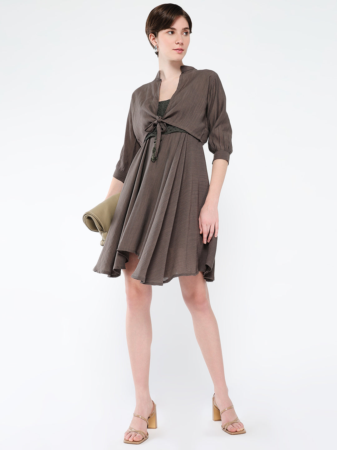 Women's Casual Solid Olive Fit and Flare Dress with Shrug