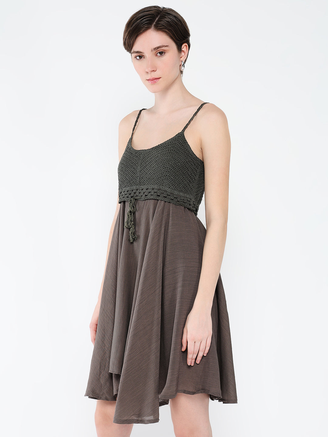 Women's Casual Solid Olive Fit and Flare Dress with Shrug