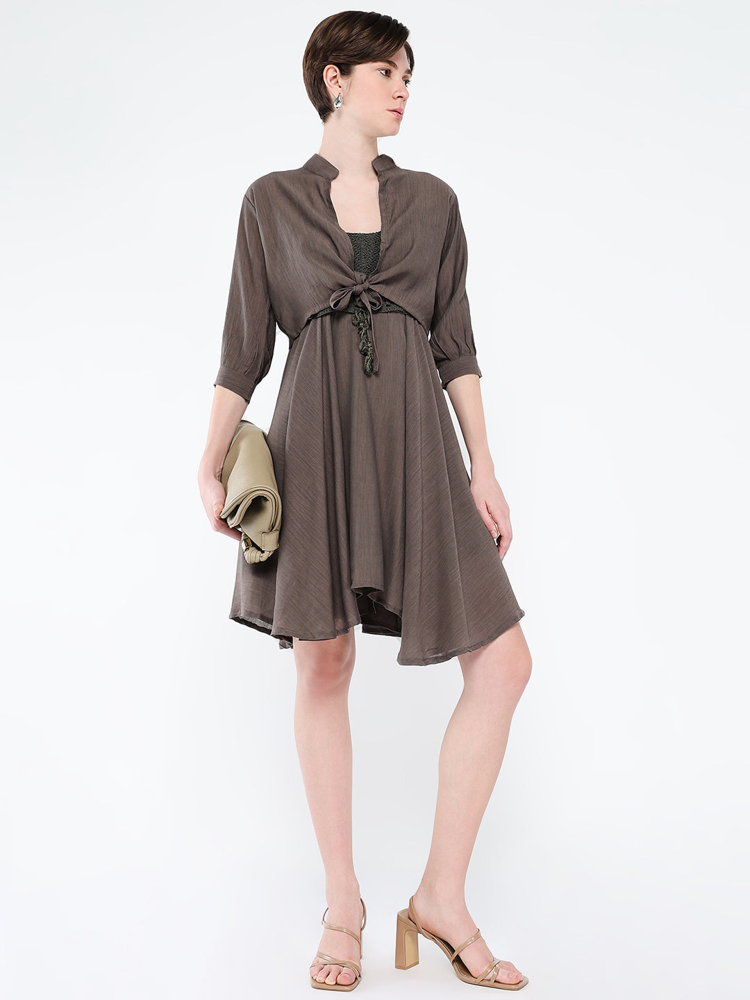 Women's Casual Solid Olive Fit and Flare Dress with Shrug