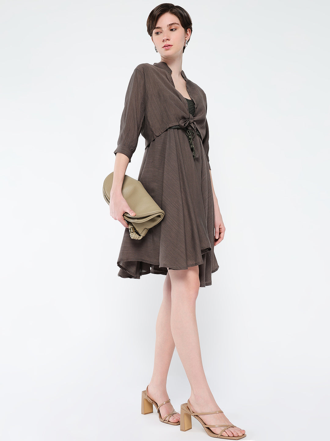 Women's Casual Solid Olive Fit and Flare Dress with Shrug