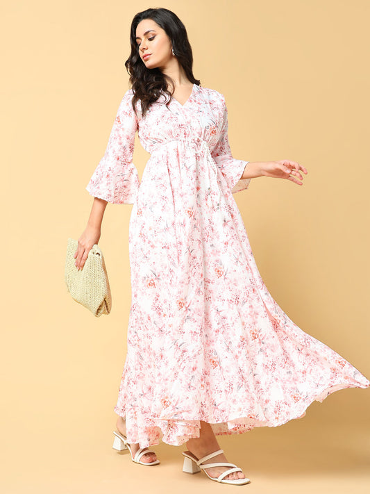 Women's Peach Floral Print Bell Sleeve Fit & Flare Maxi Dress