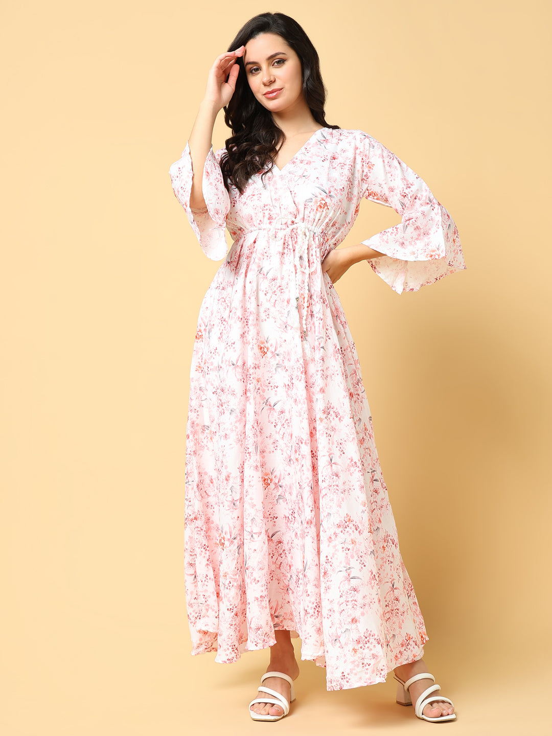 Women's Peach Floral Print Bell Sleeve Fit & Flare Maxi Dress