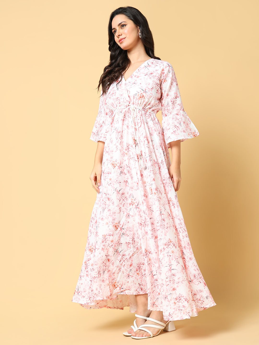 Women's Peach Floral Print Bell Sleeve Fit & Flare Maxi Dress