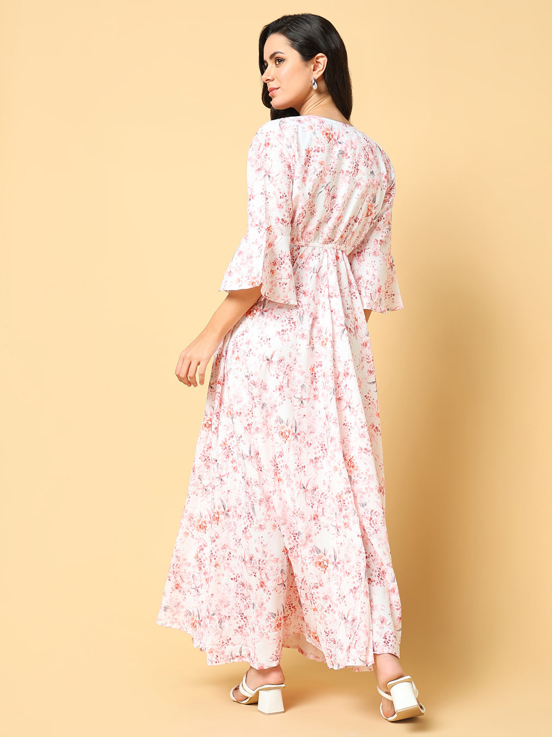 Women's Peach Floral Print Bell Sleeve Fit & Flare Maxi Dress