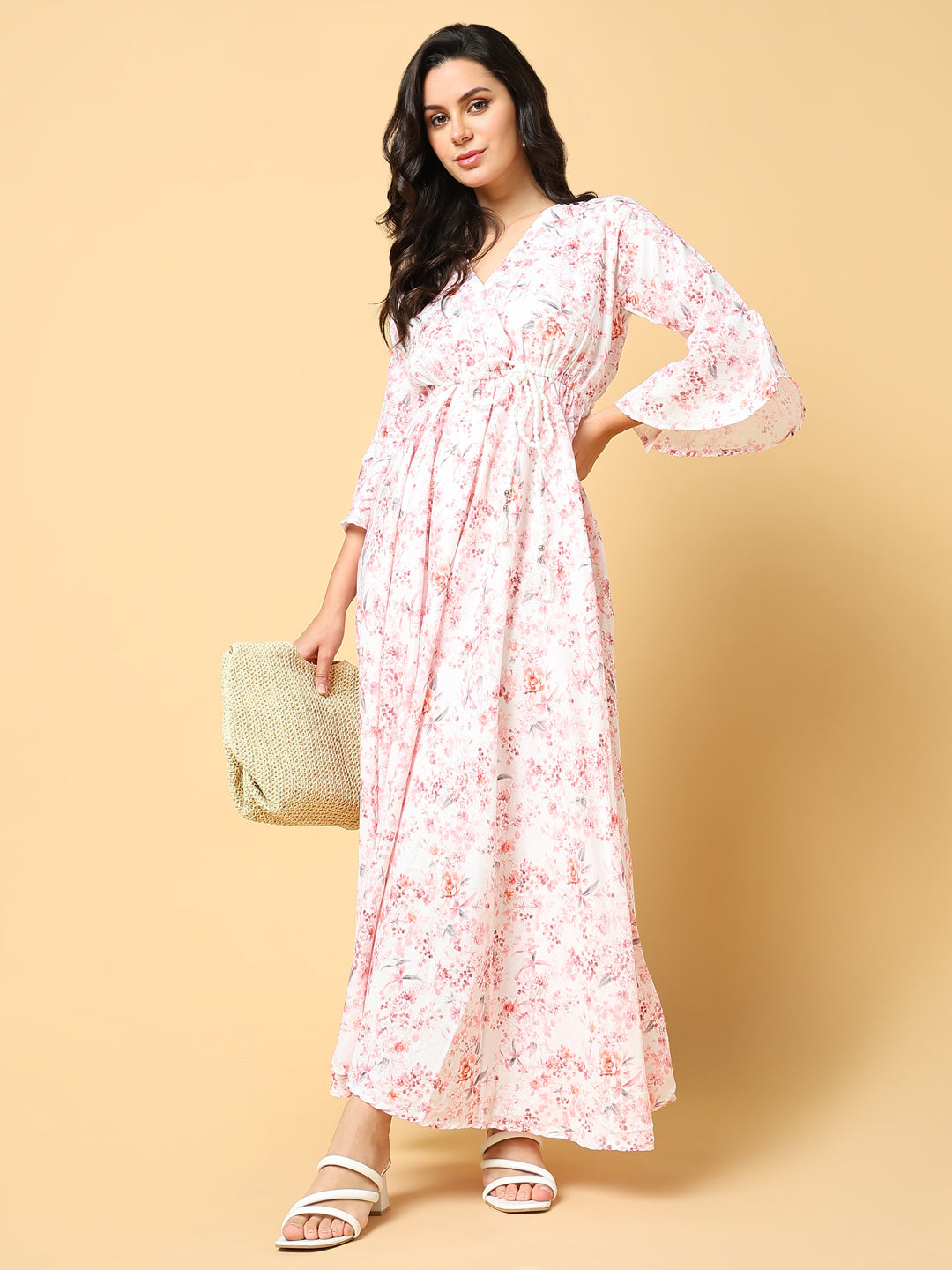 Women's Peach Floral Print Bell Sleeve Fit & Flare Maxi Dress