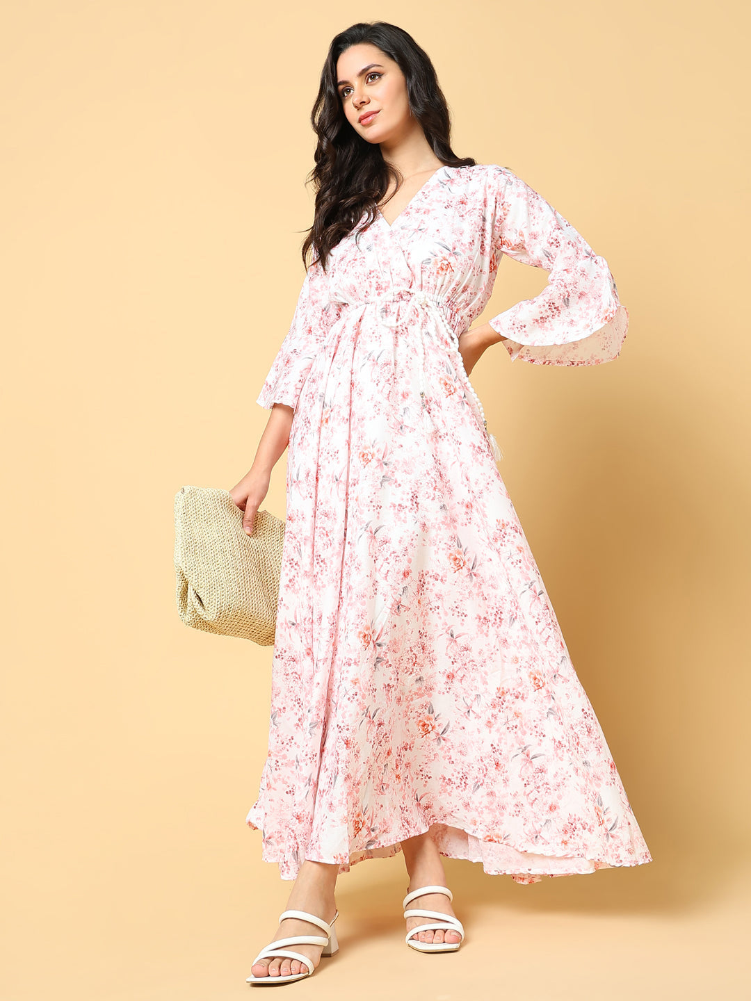 Women's Peach Floral Print Bell Sleeve Fit & Flare Maxi Dress