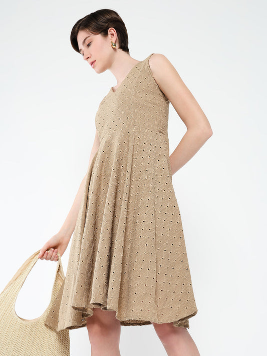 Women's Brown Embroidered Fit & Flare Dress