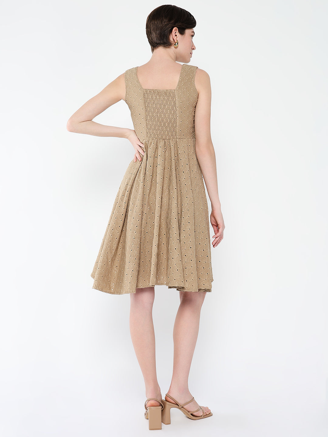 Women's Brown Embroidered Fit & Flare Dress