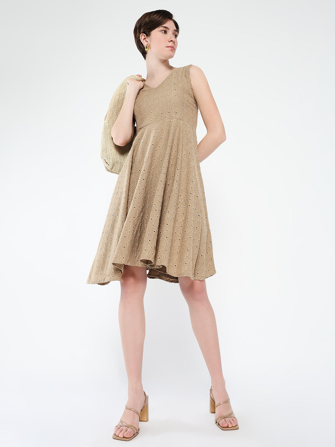 Women's Brown Embroidered Fit & Flare Dress