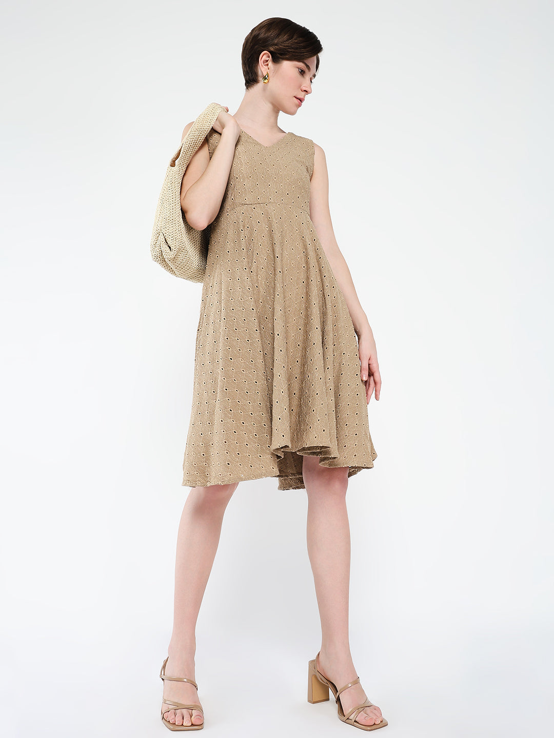 Women's Brown Embroidered Fit & Flare Dress