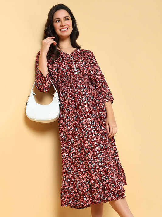 Women's Maroon Floral Printed Fit & Flare Midi Dress