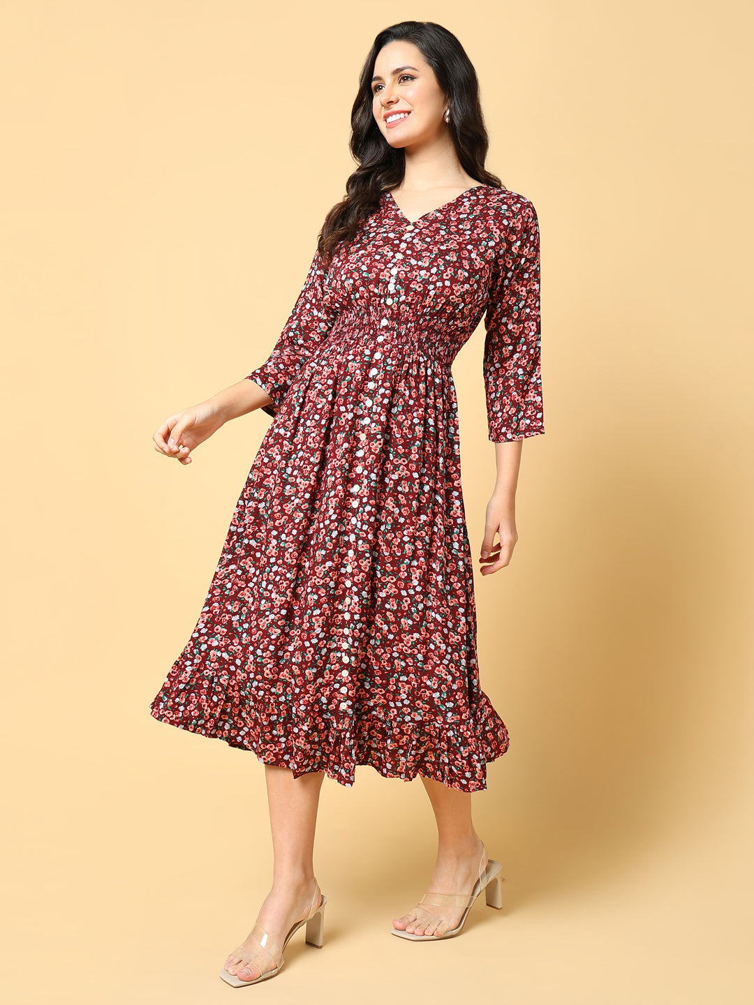 Women's Maroon Floral Printed Fit & Flare Midi Dress