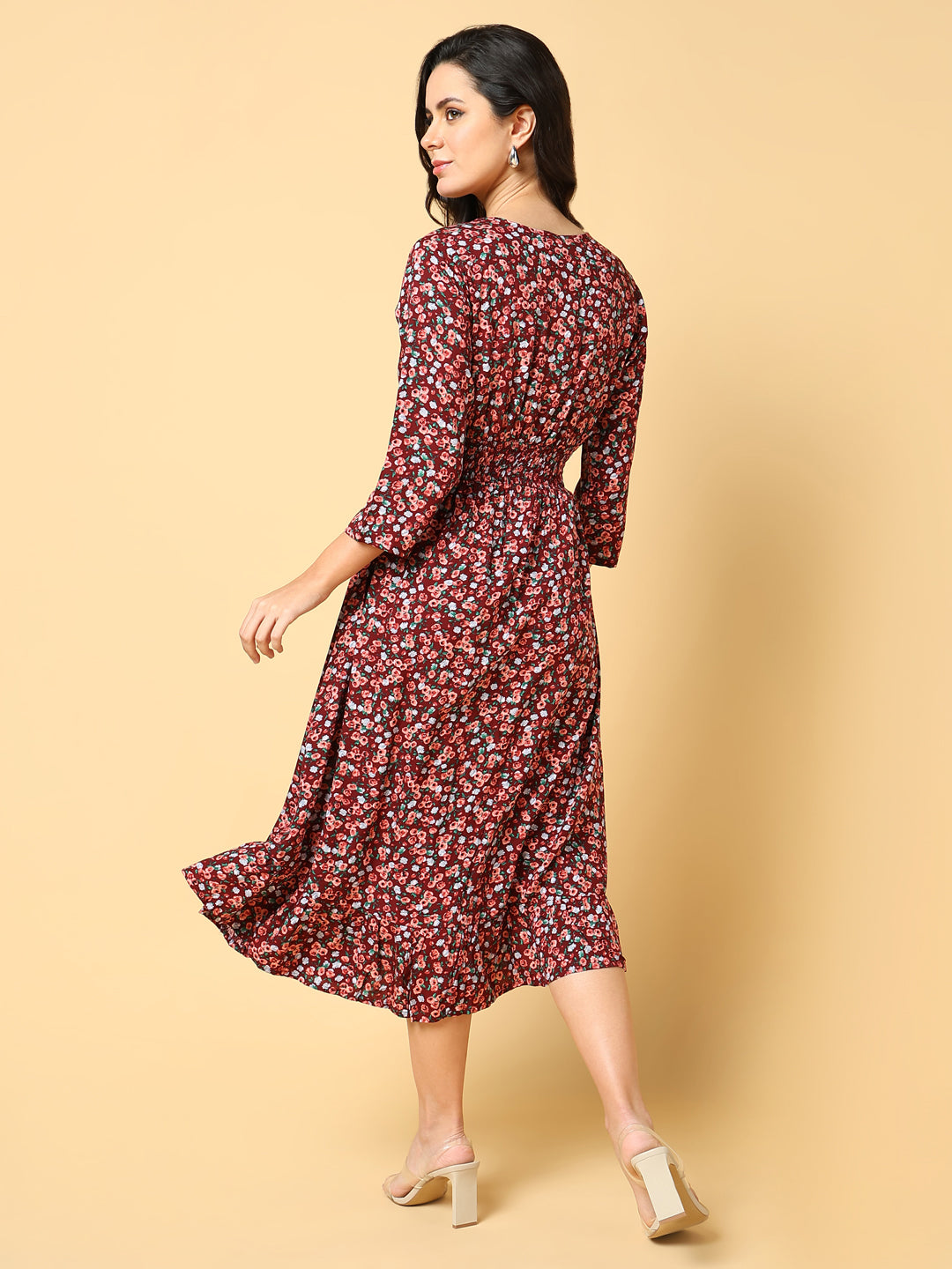 Women's Maroon Floral Printed Fit & Flare Midi Dress