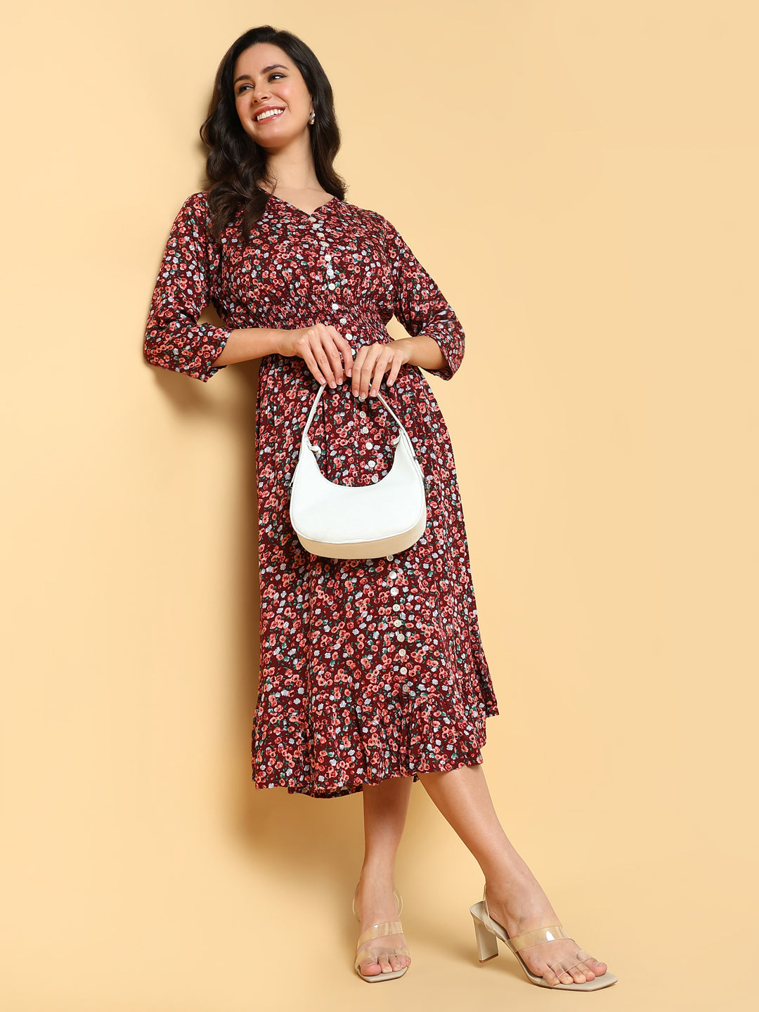 Women's Maroon Floral Printed Fit & Flare Midi Dress