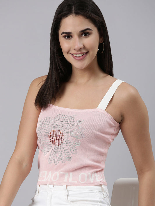 Women's Pink Embellished Acrylic Sleeveless Crop Top