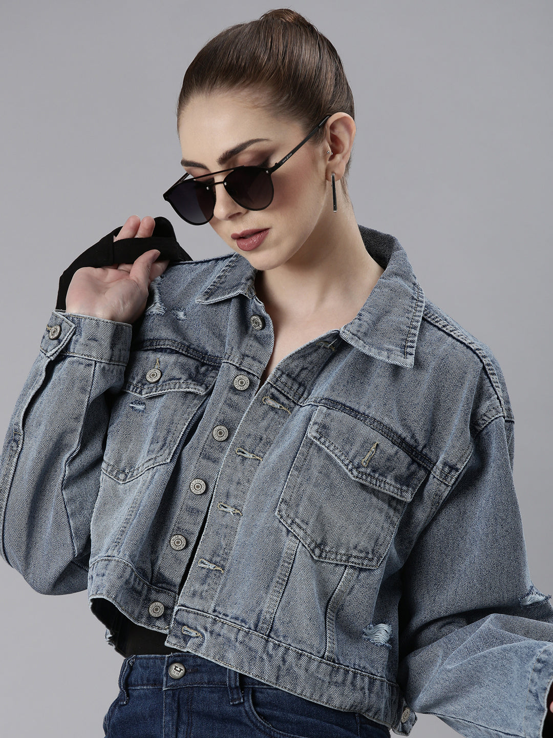 Women's Blue Solid Denim Jacket