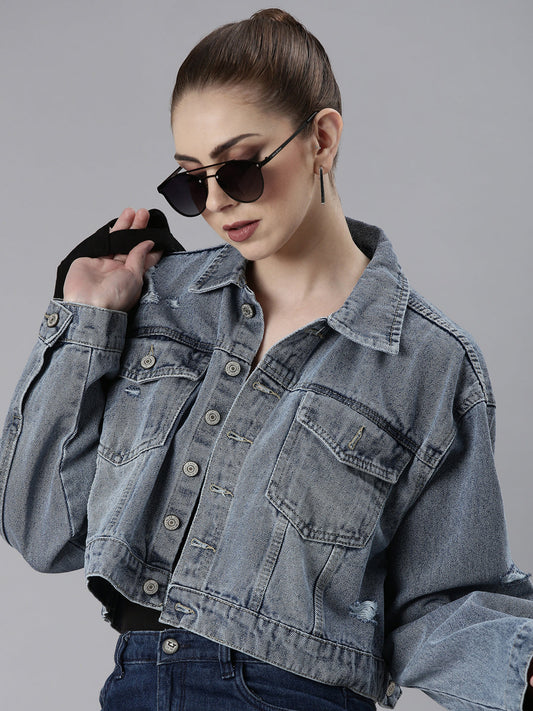 Women's Blue Solid Denim Jacket
