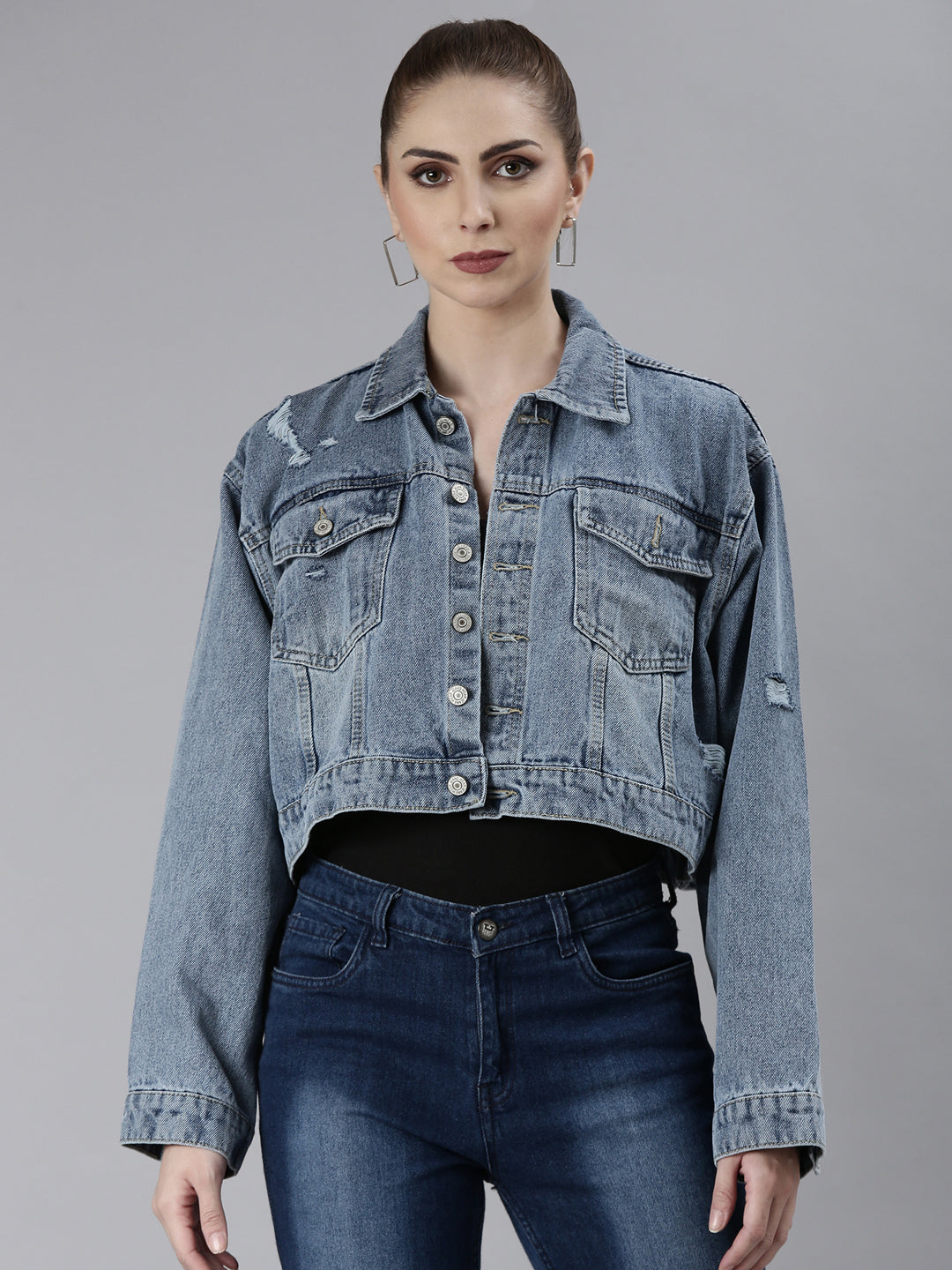 Women's Blue Solid Denim Jacket