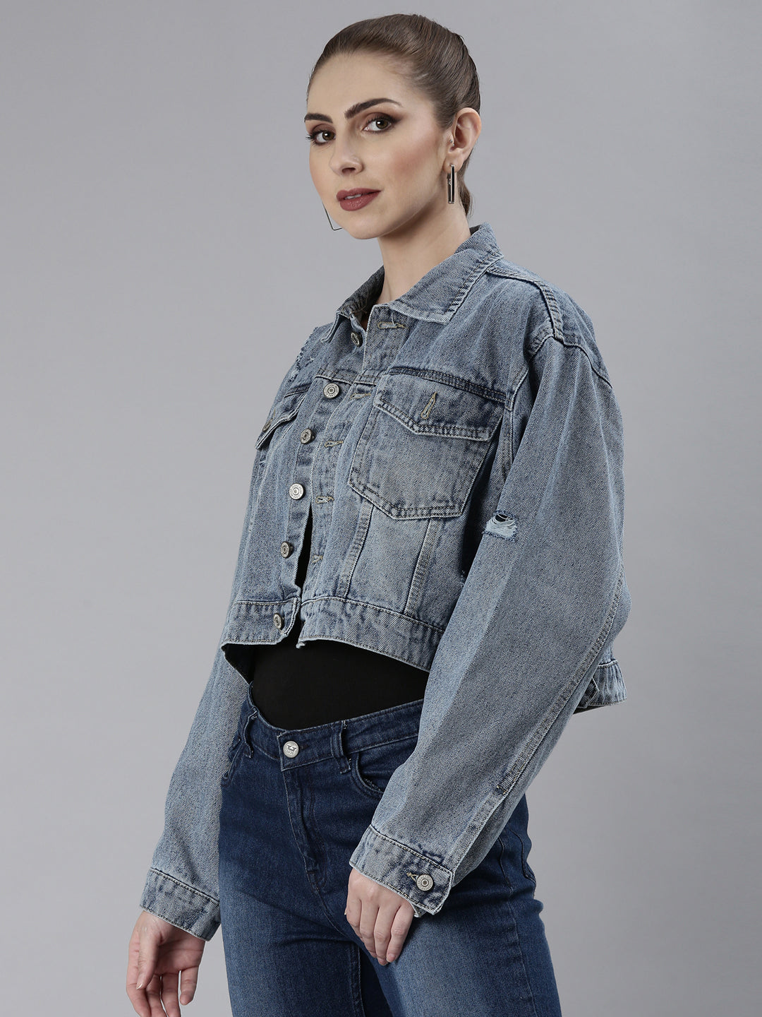 Women's Blue Solid Denim Jacket