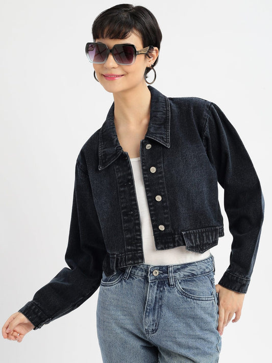 Women's Navy Blue Washed Windcheater Crop Denim Jacket