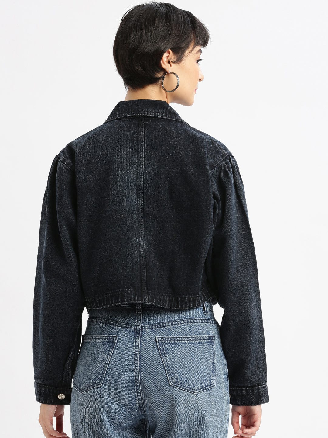 Women's Navy Blue Washed Windcheater Crop Denim Jacket